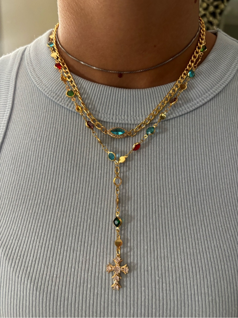 Rosary bead Gold plated Multi-Color Gem Layered Cross Necklace - Women Jewelry